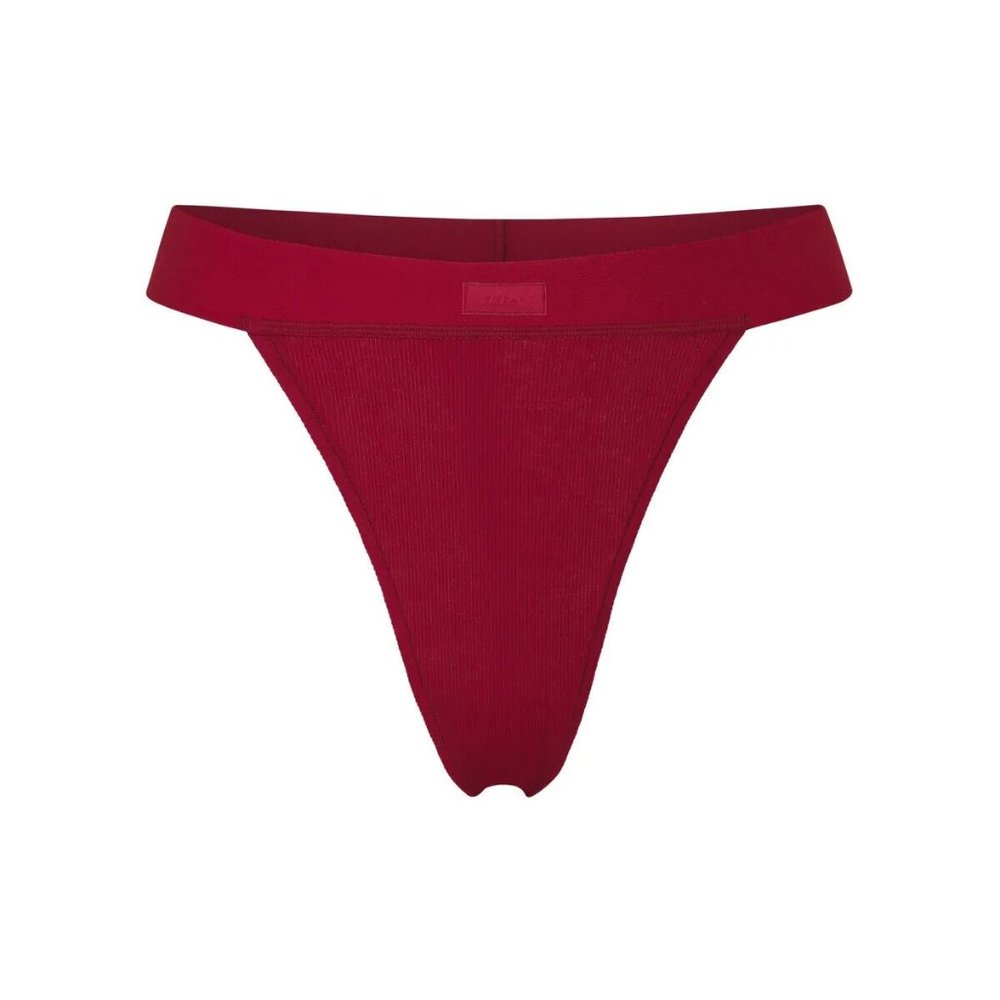 Skims Womens Brick Cotton Blend High-Cut Waistband Rib Thong Panty Sz Small RARE